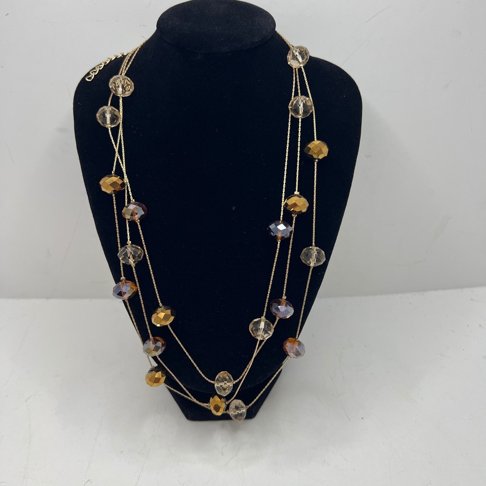Gold Tone Multi Strand Layered Faceted Brown Amber Glass Bead Necklace